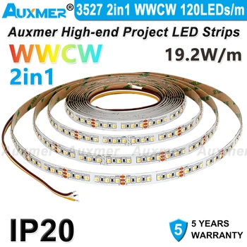 3527 2in1 120LEDs/m LED Strip,WWCW CCT IP20 DC12V/24V,19.2 W/m,600LEDs/Hjul,5meter/Reel,Ikke-vandtæt ,til stue, soveværelse