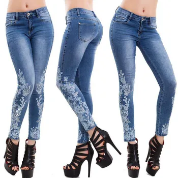 2020 Strække Broderede Jeans Til Kvinder Elastisk Blomst Jeans Kvinder Slim Denim Bukser Mønster Jeans Pantalon Femme