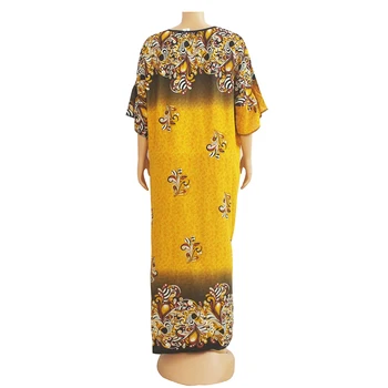 2020 Vinter Bomuld Løs Maxi Kjole Mode Afslappet Femme Kjole Print Flare Ærmet Gul Afrikanske Kjoler Kvinder med Tørklæde 1023b