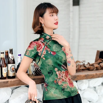 Slank Elegant Bluse Grøn Tang Lag Satin Kinesisk Stil Toppe Kvinder Print Blomst Tang Tøj OverSize 3XL 4XL 4XL Shirt