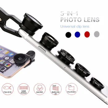 5-i-1 Vidvinkel Makro Fisheye-Linse 2x Forstørrelse Kamera Kits Mobiltelefon Fish Eye Linser med Clip til iPhone til Samsung