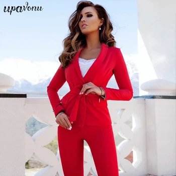 2019 nyt stykke 2 to-piece suit lang-langærmet casual sexy jakke + bukser damer jakkesæt hvid rød elegant slim passer bukser, der passer