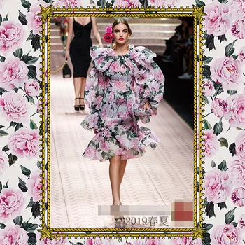 Nye pre-sale modeshow forår og sommer mode af høj kvalitet pink trykt stof toppe kjole dametøj klud engros