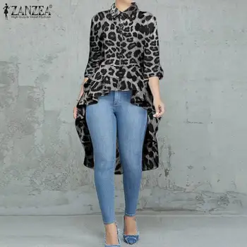 Sexet Revers Toppe til Kvinder Uregelmæssige Bluse ZANZEA 2021 Casual-Knappen Lang Blusas Kvindelige Leopard Skjorte Oversize Tunika 5XL