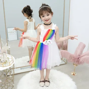 Sommer kjole til piger vestidos 2020 NYESTE barn pige kjole rainbow Print Mesh Søde festkjoler prinsessenjurken meisjes