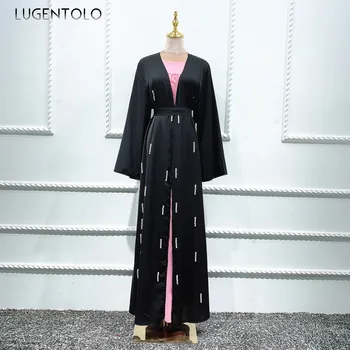 Lugentolo Kvinder Lang Sommer Kjole med Lange Ærmer Islamisk Mode Muslimske Elegant Cardigan Dubai Beaded V-hals Dame Maxi Kjoler