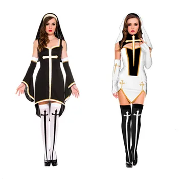 Sexet Dårlig Vane Nonne Kostume, Kristne Missionær Fancy Kjole Kvinder Sort Hvid Halloween Kostumer