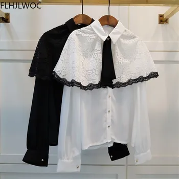 2021 Foråret Kvinder er Sød Pjusket Toppe Vintage Japan, Korea, Design Enkelt Breasted Knap Elegant Formel Hvide Blonder Skjorter Bluser