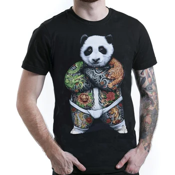 Flerfarvede Tatoveringer Panda T-Shirt I Bomuld Rund Hals Kortærmet T-Shirt