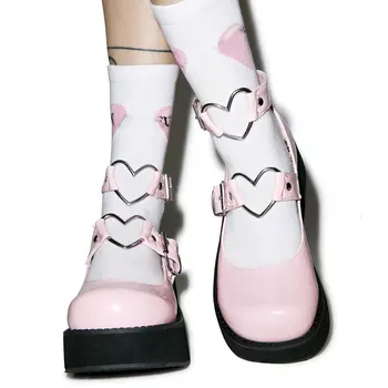 2021 Helt Nye Plus Size 43 Sød Gotisk Stil Piger Pink Sort Hjerte Dekoration Mary Janes Lejligheder Platform Sko Kvinder