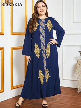 Siskakia Vintage Etnisk Broderi Abaya Kjole til Kvinder Falder 2020 Plus Size Marineblå langærmet Tyrkiet arabisk Muslimsk Tøj