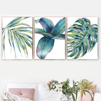 Tropical Palm Leaf Akvarel Blå, Grønne blade Galleri Væg Kunst Prints Botaniske Væg Billeder til stuen Hjem Dekoration