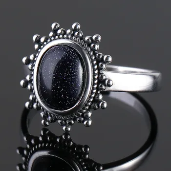 S925 Sterling Sølv Ring, Klassisk Blå Sandsten Gemstone Ring 7x9 Retro Thai Sølv Vintage Fine Smykker