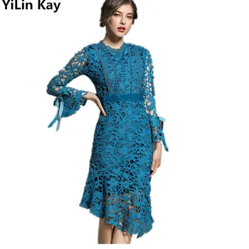 YiLin Kay High-end custom kvinder blonder kjoler 2019 horn ærme Uregelmæssige lotus - hale udhulede vand opløses blondekjole