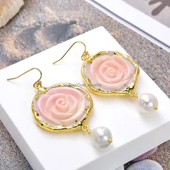 GG Smykker Kulturperler Hvid keshi Perle Øreringe i forgyldt Pink Queen Conch Coral Blomst Øreringe