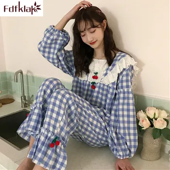 Fdfklak koreanske nye kvinders pyjamas sæt langærmet ternet homewear tøj damer sove pijama sødmefulde pige pyjamas sæt