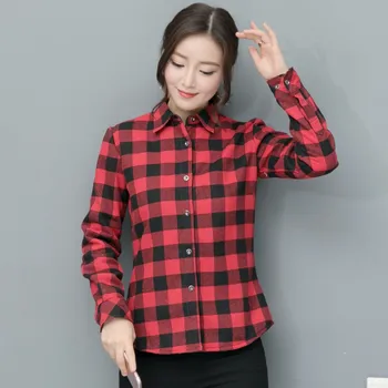 2019 Nyt Mærke Plaid Shirt Kvindelige College Stil Kvinders Bluser med Lange Ærmer Flannel Skjorte Plus Size Bomuld Blusas Kontor Toppe