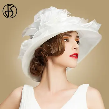 FS Hvide Hat Til Kvinder Stort Wide Brim Organza Fedora Derby Hat Blomst Top Caps Damer Black Kentucky Kirke Hatte