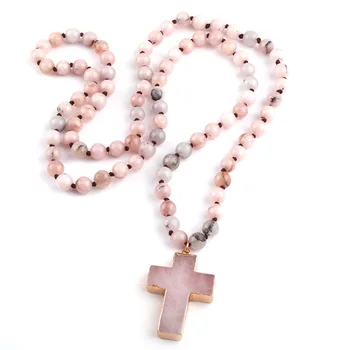 Mode Boheme Tribal Smykker Pink Sten Perler Knyttede Kors Vedhæng Halskæde Til Kvinder