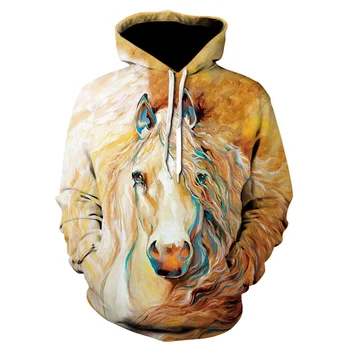 Forår/efterår mode personlighed 3D dyreprint, blomster hoodie høj kvalitet casual lange hest print street wear hooded sweatshirt