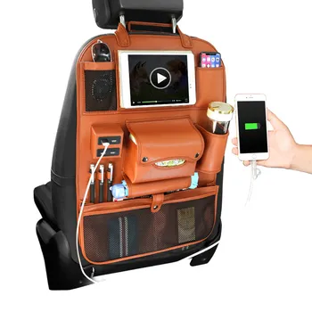 Bil Arrangør bagsædet Bag 4 USB Oplader Telefonen Opbevaring PU Læder Rejse Multifunktion Lomme Stuvning Rydde Auto Tilbehør