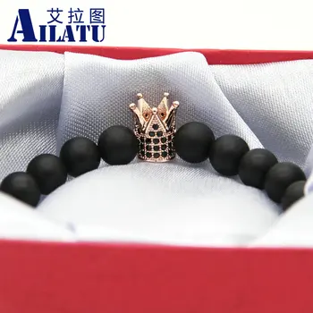 Ailatu 10stk/meget Høj Kvalitet Smykker Micro Indlæg Sorte CZ Perler Crown Herre Armbånd med 8mm Mat Onyx Sten