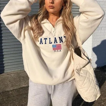 Broderi Brev Hvid Lynlås Revers Pullovere Vintage Sweatshirt Kvinder, Piger-Plus Size 2020 Efterår og Vinter Nye USA i fransk Stil, som