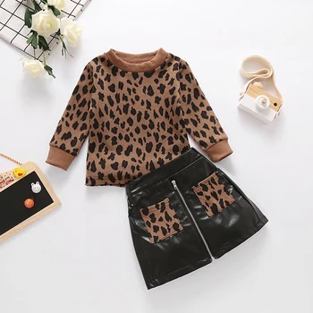 Mode Nye Autumn Girl ' s To-delt Outfits Sæt Barn Pullover Leopard Trøje Toppe+Hip Lommen Nederdel lille Barn Spædbarn Tøj