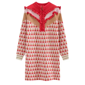 LANMREM 2021 nye efterår og vinter står krave fuld ærmer rød kontrast lynlåse pullover knittting kjole WL07703XL