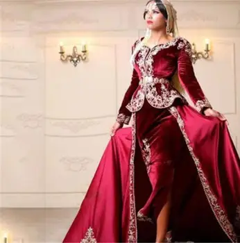 Bourgogne Muslimske Aften Kjoler Jakke V-hals Lange Ærmer Pynt Islamiske Dubai Kaftan Abaya Saudi-arabisk Lang Aften Kjole