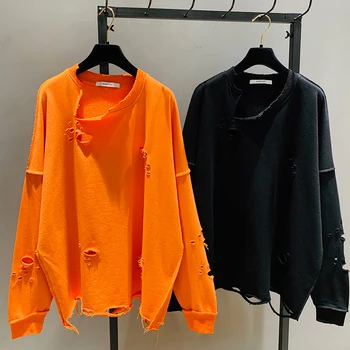 Løs Pullovere Kvinde 2020 Spring Ny koreansk-Stil Rippet Sweatshirt BF Løs Rund Hals og Lange Ærmer Midi-Top Orange Trøjer