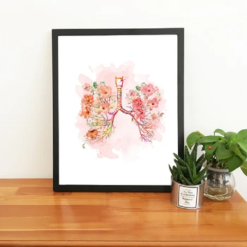 Lunger Og Pink Blomster Print Bronkier Akvarel Medicinsk Anatomi Billeder Væg Kunst, Lærred Maleri Medicin Læge Kontor Indretning