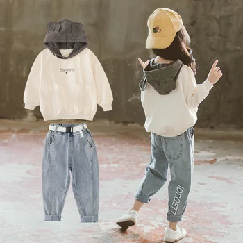 Foråret 2020 Børn Piger Tøj Sæt Hætte Sweatshirt & Loose Jeans Bukser 10 12 Y 2stk Passer Teenage Træningsdragter Børn Tøj