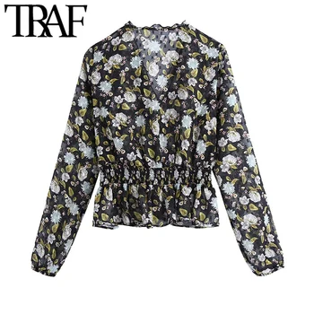 TRAF Kvinder Mode Semi-sheer Blomster Print Pjusket Bluser Vintage Lange Ærme Elastisk Talje Kvindelige Skjorter Smarte Toppe