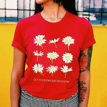 Kuakuayu HJN Lad Dine Drømme Blomstre Citater Daisy Trykt T-Shirt Sød Grunge Æstetiske Tee Edgy Mode, Street Style