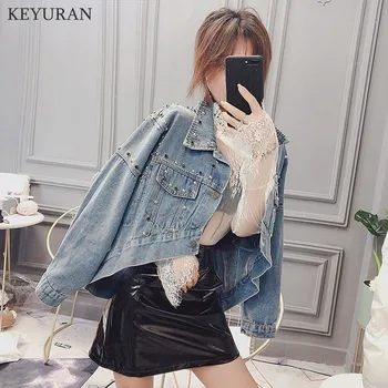 2020 Spring Nye Kvinder Blå Uregelmæssige Perlebesat Slim Denim Jakker Koreansk Mode Streetwear Jeans Pels Efteråret Tøj L3559