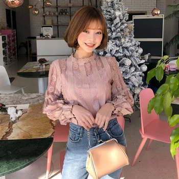 Dingaozlz Nye koreanske mode-Hook Blomst Toppe Hule ud Blonder Vintage skjorte med Lange ærmer Kvinder bluse Blusa