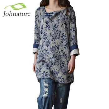 Johnature Kvinder Print Blomstrede Skjorter, Vintage-Knappen Løs 2020 Efteråret Nye Tilfældig Kinesisk Stil Bomuld Toppe Original Bluse