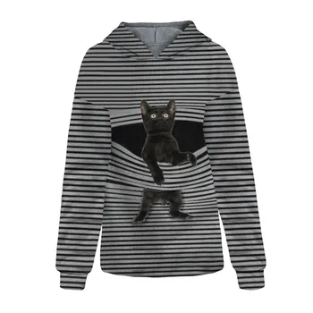 3D-Dyr Kat Print Hooded Pullover Hoodie Casual Sweatshirt Stribede Toppe Streetwear Kvindelige Vinter langærmet Dame Overtøj
