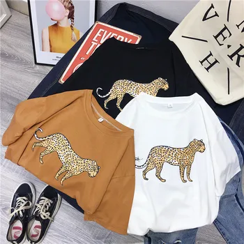 Hirsionsan Koreanske Sommeren Leopard T-Shirt Kvinder 2019 Bomuld Løs O-Hals, Kort Ærme T-Shirts White Harajuku Sorte Punk-Kvinde Toppe