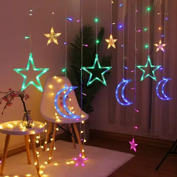 Julelys EU-220V Moon-Stjerne-Lampe LED-String Lys Dekoration til Hjemmet Indendørs Bryllup Led Curtain Lys Ferie Indretning