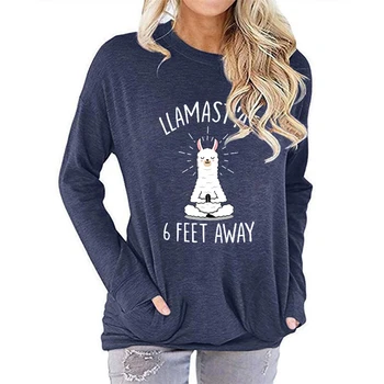 Hot stil ladies' lomme hoodie LLAMAST 'ay alpaca print, rund hals langærmet T-shirt til efterår/vinter 2020