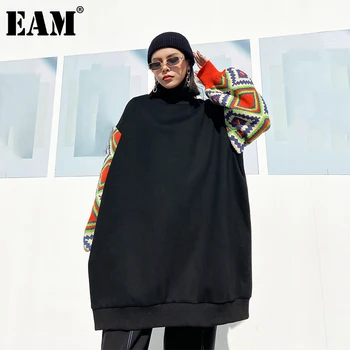 [EAM] i Loose Fit Splejset Argyle Mønster Sweatshirt Nye Rullekrave Lange Ærmer Kvinder Big Size Fashion Forår, Efterår 2021 1DD3291