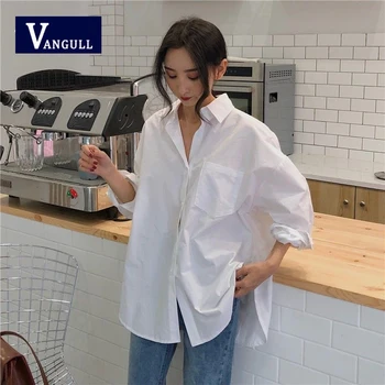Vangull Kvinder Shirts White Plain Løs Oversize Bluser Foråret Efteråret 2020 Kvindelige Løs BF koreanske Vintage Lommer Toppe Skjorter