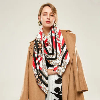 Stort Kvadratisk Tørklæde Stjal Kvinder Kæde Mønster Vintage Foulard Print Silke Tæppe Wrap NY [3628]
