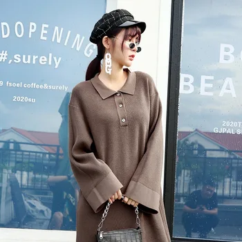 2020 Efterår Og Vinter Nye Overdimensionerede Slank Sweater Kvinder Polo Krave Langærmet Base Bunden Strikket Kjole Kvindelige Mode