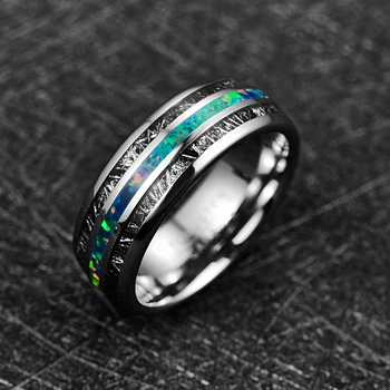 BONLAVIE 2019 8mm Bredde Mænd Bryllup Band Ring Engagement Ring Indlagt Sort Meteorit + Grøn Opal Tungsten Ring Smykker
