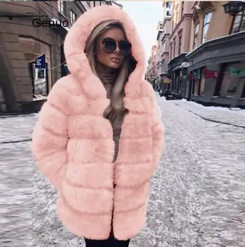 Hætteklædte Blå Ræv Pels, Varm, Satin Fox Fur Jakke til Kvinder Outwear Lang Pels 2020 Vinter Mode Luksus Outwear