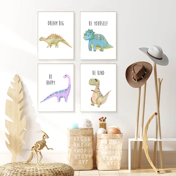 Tegnefilm Forskellige Typer af Dinosaurer Børnehave Væg Kunst, Lærred Maleri Print Plakat Billeder, Nye Baby Gave Kids Room Home Decor