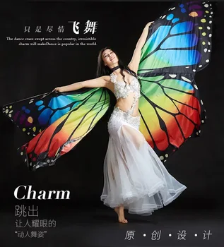Voksen mavedans sommerfugl vinger ydeevne kostume vis rekvisitter kvindelige dans kostume farverige vinger rainbow vinger sende stick